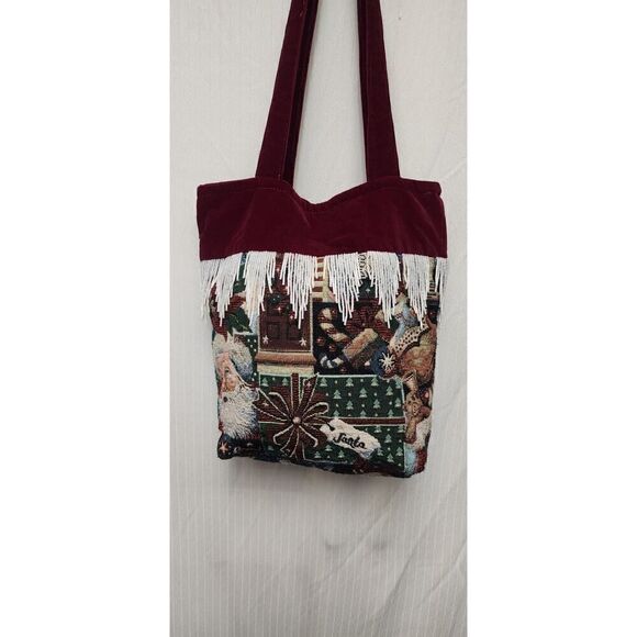 Vintage Christmas Art Tapestry Purse Tote Bag Beaded Fringe Xmas Santa Velvet - Picture 2 of 16